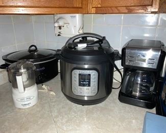 Many kitchen items, lightly used, crockpot, like-new Insta-pot is SOLD, coffee maker, Cuisinart chopper