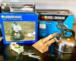 Farberware Millennium Steam Espresso maker & Black & Decker waffle maker (new in box, knife block, electric knife, etc.