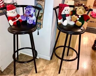 2 bar stools, stuffed animals