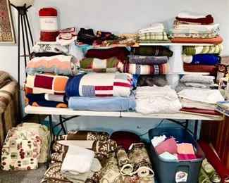 Misc. linens, blankets, towels, bedding, rugs, etc., some SOLD