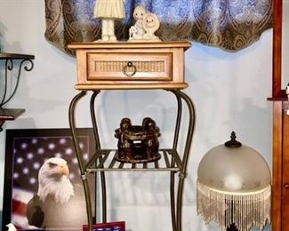 Eagle decor, dresser lamp w/ fancy beaded globe, metal & wood side table is SOLD.