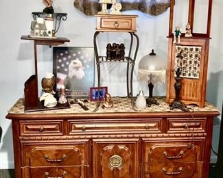Low dresser and/or buffet is SOLD, Eagle decor, metal & wood tables (one on right is SOLD), dresser lamp w/ fancy beaded glass, misc. decor 