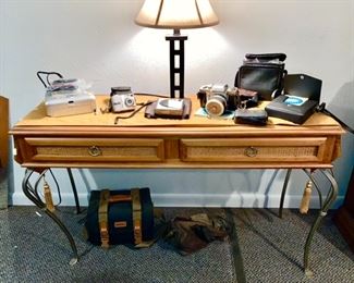 wood/metal sofa table, vintage cameras (one is SOLD), lamp