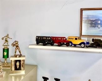 Vintage trophies, Misc. vintage cars, Butter Finger bank