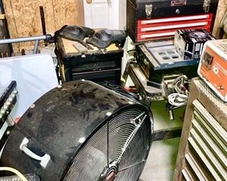 large fan on wheels, tools chests, many hand tools, misc. garage items