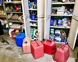 gas cans, misc. garage items, plastic storage cupboards
