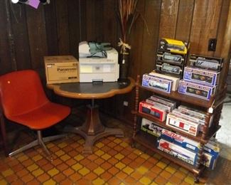 Steelcraft swivel chair, Lionel and K-Line train cars