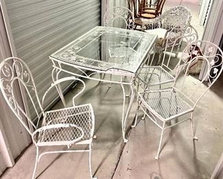 3.       Metal Patio Set, 3 Chairs & 1 Chair w/arms   Table glass top is chipped  $195 NOW $160