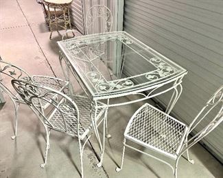 3.       Metal Patio Set, 3 Chairs & 1 Chair w/arms   Table glass top is chipped $195 NOW $160