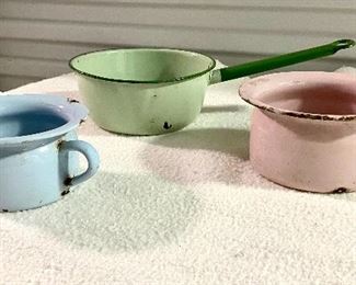 7.	Enamel Ware pink/blue/green  (3 pieces)	$36