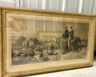 30.	Vintage Print People at a Picnic with Horses (broken glass) 54”L x 33.5”H  $100 - NOW $50