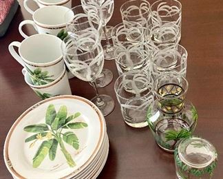 51.	Palm Tree set 8 plates / 6 mugs/ 7 whiskey / 4 wine glasses / water bedside carafe. 	$36