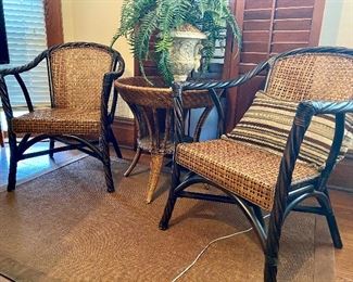 60.	Pair of wicker armchairs + side table 25”R  + Shutters screen 68”H x 72”W & faux plant $295 