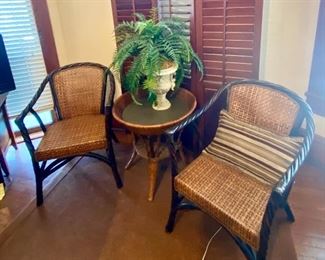 60.	Pair of wicker armchairs + side table 25”R  + Shutters screen 68”H x 72”W & faux plant $295 