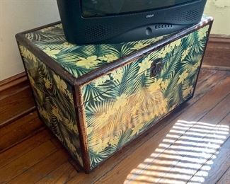 81.	Trunk with palm tree print paper bamboo edges 32”L x 19”D x 22”H 	$80