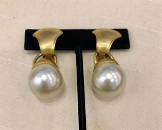 faux pearl and gold tone clip earrings