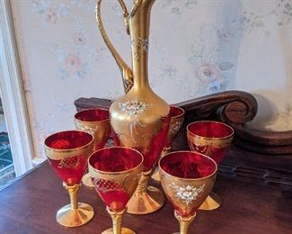 Murano Bohemian ruby red decanter set 