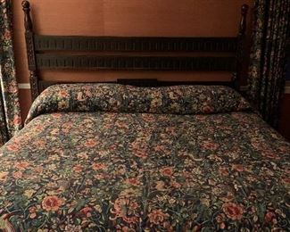 Mediterranean style carved King size bed. Includes sealy Posturepedic snowbound firm mattress set. Also bedspread and throw pillows.