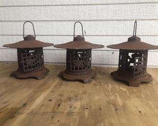 3 Vintage Cast Iron Garden Lamps. Look to be authentic Japanese Pagoda Lamps, circa 1950s.