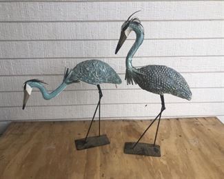 2 Painted Metal Heron Garden Statues