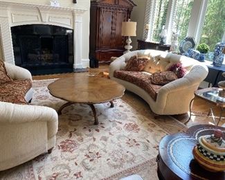 vintage MCM coffee table, custom upholstered curved Drexel sofas