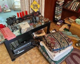 Tv stand, rolling footstool, train memorabilia and vcr 