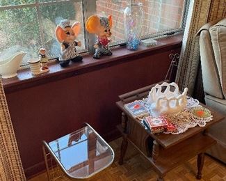 Small vintage side tables, railroad mice toys, ceramics 