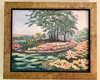 Garden oil painting by local artist Margaret Bost. 23 1/2" x 19 1/2" high.