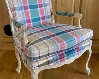 Plaid covered French arm chair with loose seat cushion. Pickled frame with carving. 27 1/2" wide, 27" deep, 38" high, 20 1/2" seat height, 20" inside seat depth.