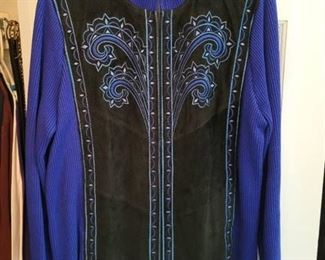 Royal Blue and Leather Bob Mackie Zip Up Jacket Size Large
