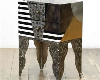 Exotic Black, White & Goldtone Metal And Wood 2-Drawer Nightstand