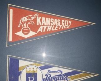 Vintage framed Kansas City Athletics and Royals pennants