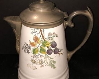 Decorated Granite & Pewter Coffee Pot