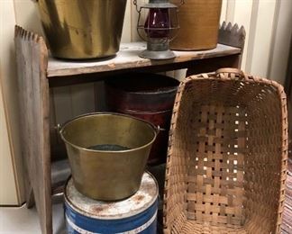 Country Primitives, Bucket Bench, Brass Jelly Kettles, Stoneware, Advertising