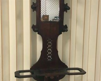 Walnut Mirrored Back Hall Tree With Umbrella Stand