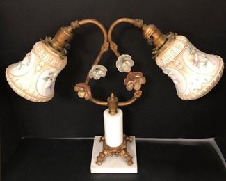 Double Arm Parlor Lamp With Marble Base, Glass Flowers, Cherub Embossed Satin Glass Shades