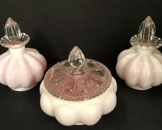 Fenton Pink Cased Glass Dresser Set, Perfumes and Dresser Jar