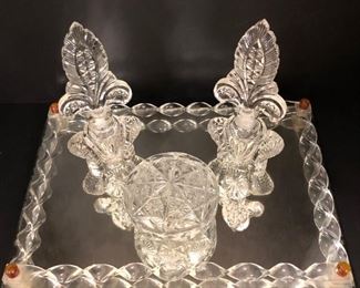 Pattern Glass Dresser Set On Mirror With Lucite Border