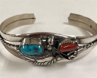Sterling Turquoise Coral Navajo Bracelet