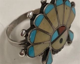 Zune Sterling, Mother Of Pearl, Turquoise and Coral Head Dress Ring