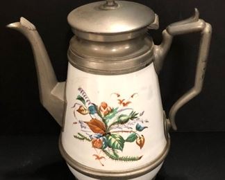 Decorated Granite & Pewter Coffee Pot