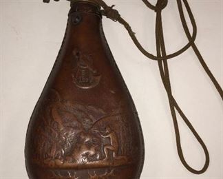 Early Leather Powder Flask W/ Indian Shooting Mountain Lion