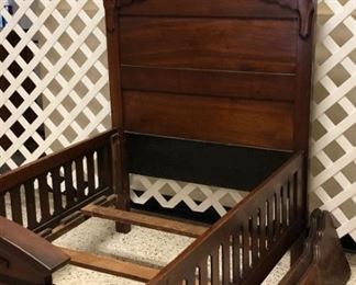 Walnut High Back Juvenile Bed W/ Rails To Convert To Twin Bed