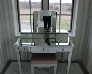 Mirrored Vanity and bench $1,200 PLEASE MAKE AN OFFER. BENCH CUSTOM MADE AND CUSTOM UPHOLSTERED by Alexa Hampton. 