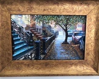 Hoboken artist, original work on canvas, beautifully framed "Hoboken Streets"