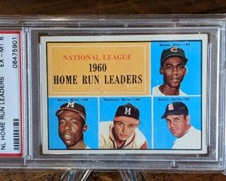 1961 Topps NL Home Run Leaders, Hank Aaron, Eddie Mathews, Clete Boyer, Ernie Banks; PSA 6
