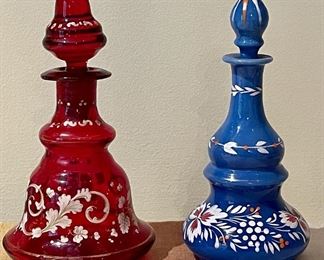 Item 383:  Vintage Painted Bohemian Glass with Stoppers: $65 ea                                                                                                             Tallest - 6.5"