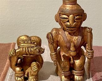 Item 392:  Brass Pre-Columbian Reproduction Frog Eating a Fish (left):  $45                                                                                                          Item 393:  Brass Pre-Columbian Reproduction Warrior (missing cover):  $45                                                                                          Tallest - 2.75"