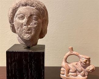 Item 418:  4th C. B.C. Apollo (left) - 1.5" x 3.5":    SOLD                                           Item 419:  Primitive Indigenous Carving (right) - 1.5": $35