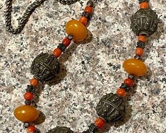 Item 433:  Yemen Necklace with Butterscotch Amber, Coral & Sterling Beads:  $225